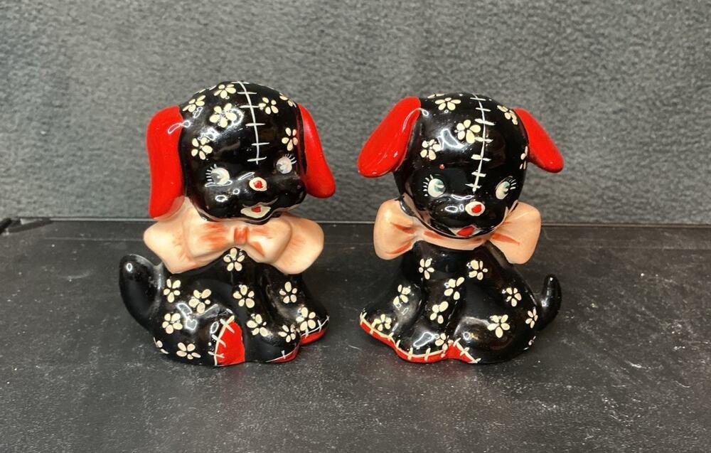 Vintage Precious Lefton Black Calico Puppy Salt & Pepper Shakers